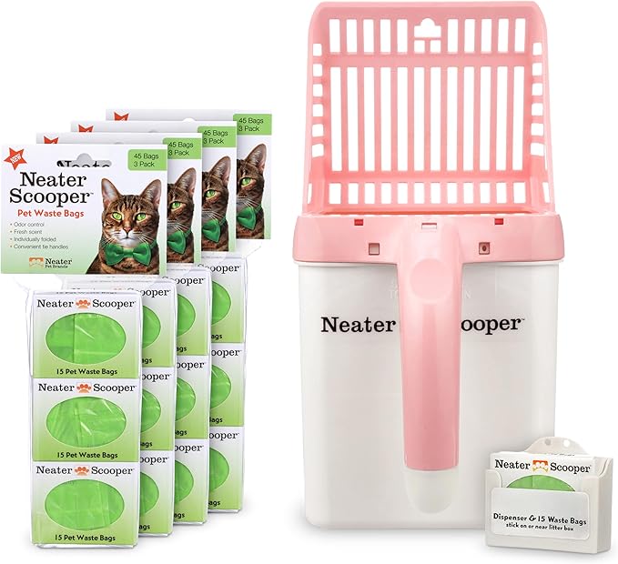 Neater Pet Brands Neater Scooper Standard Cat Litter Scoop, 195 Refill Bags – Mess-Free Cat Litter Scooper with Bag, Spill-Proof Kitty Box Sifter, Bin Doubles as Scoop Holder, For Single-Cat Household-Mewly Pet