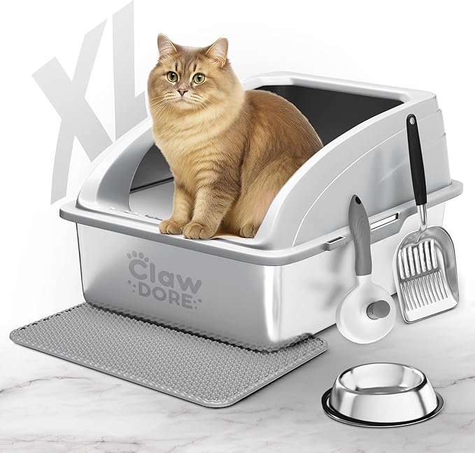 XL Stainless Steel Litter Box with Lid for Big Cats - Prevents Odor & Stains - Leak-Proof, Rust-Free & Non-Stick - Extra Large Cat Litter Box Stainless Steel with Scooper, Brush, Bowl & Mat Included-Mewly Pet