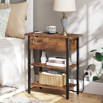 HOOBRO Set of 2 End Tables, Side Table with Charging Station, Flip Top Nightstand with USB Ports and Outlets, Bedside Tables with Shelf for Small Spaces, Living Room, Bedroom, Rustic Brown BF341BZP201