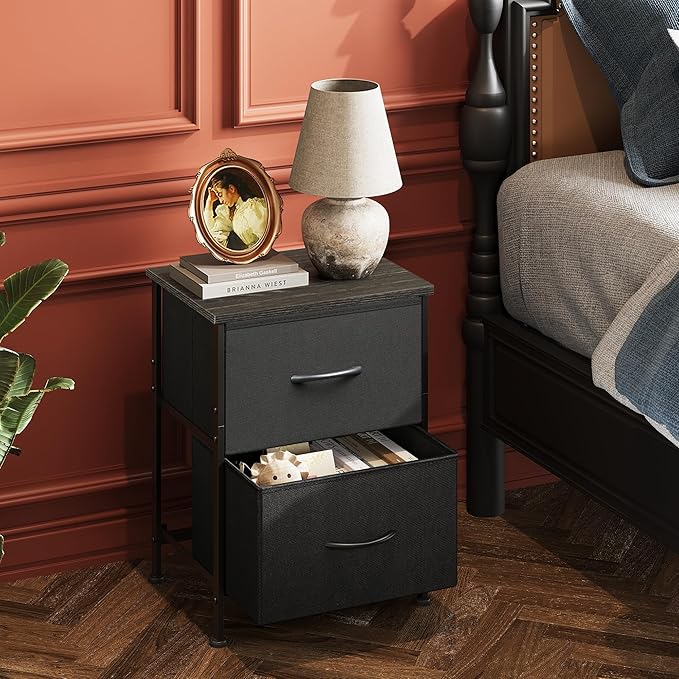 WLIVE Black Nightstand Set of 2, Night Stand with 2 Fabric Drawers, Small Dresser for Bedroom, Bedside Tables for Small Spaces, Dorm, Wood Top