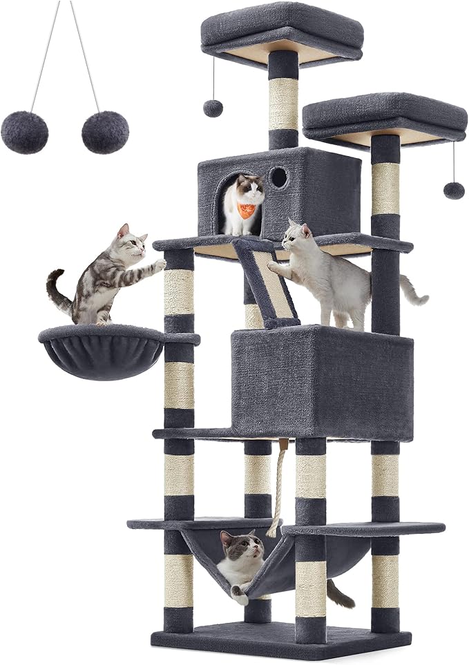 Feandrea Cat Tree, 66.1-Inch Large Cat Tower with 13 Scratching Posts, 2 Perches, 2 Caves, Basket, Hammock, Pompoms, Multi-Level Plush Cat Condo for Indoor Cats, Smoky Gray UPCT165G01-Mewly Pet