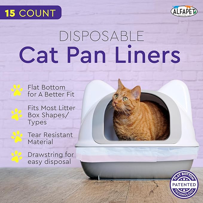 Alfapet Heavy Duty Flat Bottom Cat Litter Box Liners - Extra Giant 15 Count - Tear-Resistant Cat Litter Bags - Kitty Litter Liners for Rectangular Litterbox Pans, 36” x 18” x 2MIL Thick 30 lb Capacity-Mewly Pet