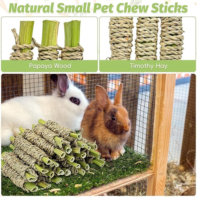 Fhiny 24 PCS Rabbit Chew Sticks, Natural Papaya Wood Seagrass Guinea Pig Chew Toys for Teeth Small Animal Molar Sticks Snacks for Bunny Guinea Pig Chinchilla Ferret Hamster Gerbil Dental Care-Mewly Pet