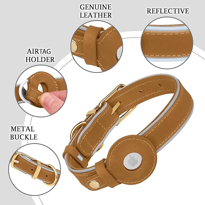 OOPSDOGGY Reflective Geniune Leather Airtag Dog Collar Soft Padded Collars for Small Medium Large Breed Dogs Puppy, 4 Sizes, 7 Colors (Camel, XLarge, 19"-24")-Mewly Pet