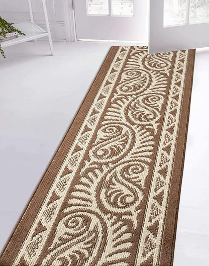 Custom Length Cut to Size Tribal Ethnic Southwestern Inspired Hallway Runner Rug, Non Slip Rubber Backed, 31 inch Wide X Customized Length, Mayan Brown, 31 inch X 32 feet
