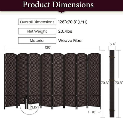 Rose Home Fashion 6 ft Tall Room Divider, Room Dividers and Folding Privacy Screens, 15.7in Privacy Screen 8 Panel Partition Temporary Wall Separation for Private, Dark Coffee