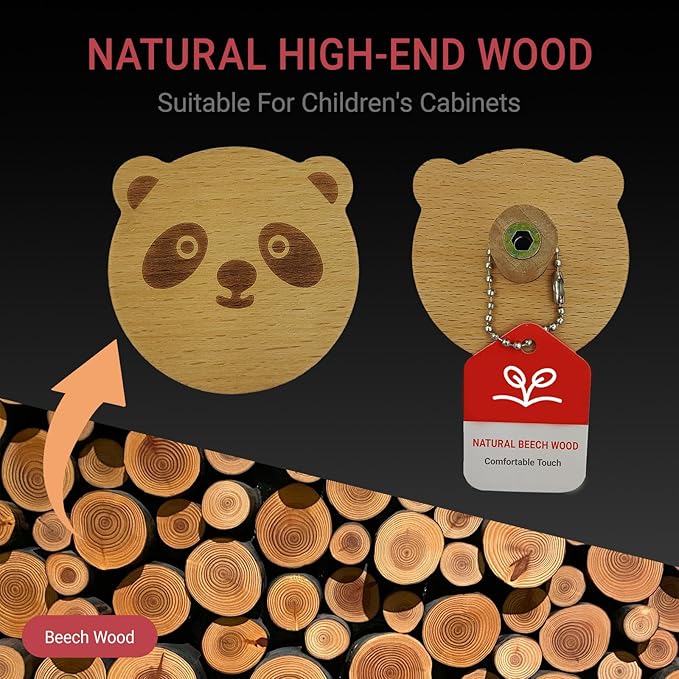 4PCS Wooden Panda Shaped Cabinet Knobs, Cabinet Handles, Single Hole Beech Wood Handles, Wood Hooks with Full Set of Screw Accessories