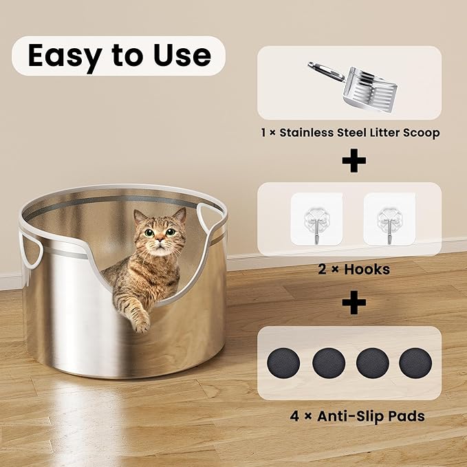 Stainless Steel Litter Box Metal with Integrated Round for XL/XXL Big and Multi Cats, 12" High Wall High Side, Odor Control, Easy to Clean, Durable, Includes Stainless Steel Scoop-Mewly Pet