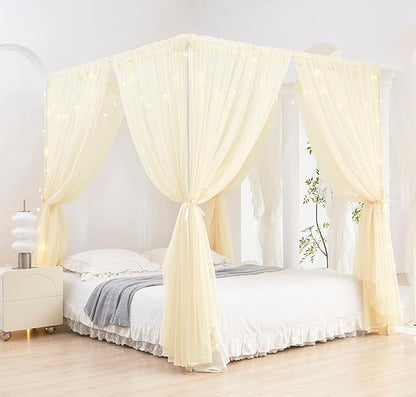 Akiky Ivory Canopy Bed Curtains with Lights 8 Panel Canopy Curtains Drapes for King Size Bed Large Rod Pocket Sheer Canopy Bed Drapes