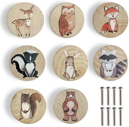 Animal Wood Dresser Cabinet Drawer Knobs Round Unique Decorative Wooden Drawer Knobs for Kids Cabinets (8, Log Color)