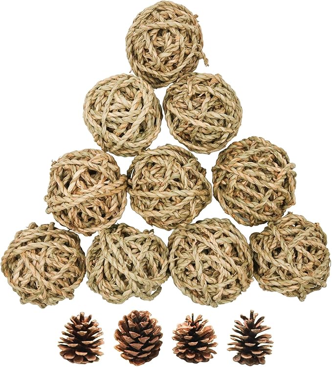 10 Pcs Small Animals Play Balls Rolling Activity Chew Toys Gnawing Treats for Rabbits Guinea Pigs Chinchilla Bunny Natural Balls, Pet Cage Entertainment Accessories(10Pcs)-Mewly Pet