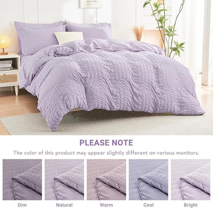 HYMOKEGE Lavender Twin Comforter Set Seersucker 5 Pieces, All Season Luxury Bed in a Bag for Bedroom, Bedding Set with Comforters, Sheets, Pillowcase & Shams