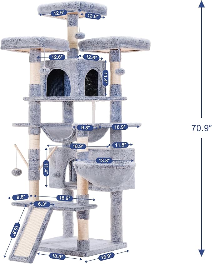 Hey-brother Cat Tree, 71 inches XL Large Cat Tower for Indoor Cats, Multi-Level Cat House with 3 Padded Perches, Big Scratcher, Cozy Basket, 2 Cat Condos and Scratching Posts,Pewter MPJ034PE-Mewly Pet