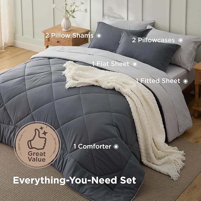 Bedsure California King Comforter Set - 7 Pieces Reversible Dark Grey Bedding, California King Size Bed Set for All Seasons, Bed in a Bag with Down Alternative Comforter, Sheets, Pillowcases & Shams