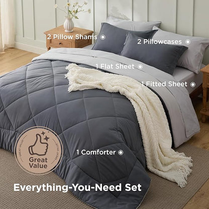 Bedsure Full Size Comforter Set - 7 Pieces Reversible Dark Grey Bedding, Full Size Bed Set for All Seasons, Bed in a Bag with Down Alternative Comforter, Sheets, Pillowcases & Shams
