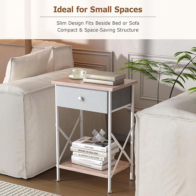 VECELO Nightstand with Drawer, Set of 2, Small Bedside Table with Storage and Adjustable Metal Legs, Wood End Table for Bedroom or Living Room, Perfect for Small Spaces and Modern Décor, Light Brown