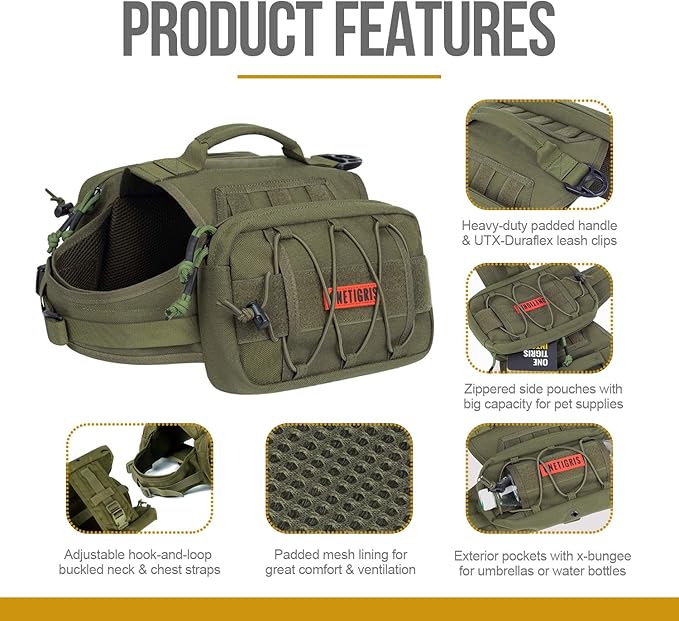 OneTigris Dog Backpack for Medium & Large Dogs, Nylon Backpack for Dogs Tactical Pet Backpack with Side Pockets for Hiking Walking Training Running (Green, Large)-Mewly Pet