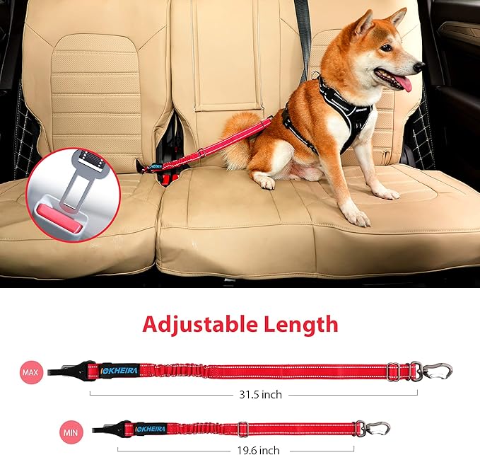 IOKHEIRA Dog Seatbelt, Updated Dog Seat Belt, Reflective Bungee Dog Car Harness, Multifunctional Pet Safety Belt with Hook Latch & Seatbelt Buckle, Swivel Aluminum Carabiner, Red-Mewly Pet