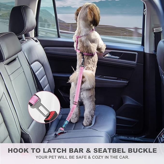 IOKHEIRA Dog Seatbelt - Adjustable Reflective Bungee Harness with Aluminum Swivel Carabiner-Mewly Pet
