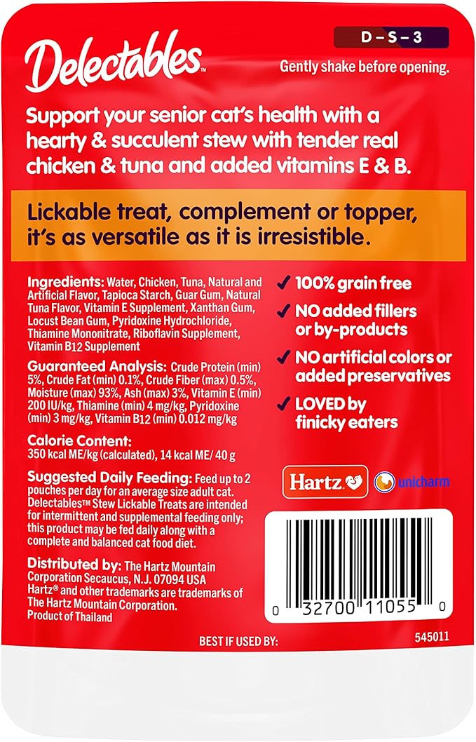 Hartz Delectables Stew Senior Lickable Wet Cat Treats, Multiple Flavors 1.4 Ounce (Pack of 12)-Mewly Pet