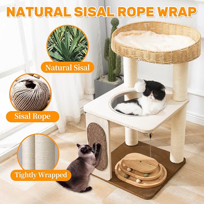 Modern Cat Tree for Indoor Cats with Sisal Rope Scratching Posts, Hand-Woven Cat Condo & Top Perch, Space Capsule Cats Nest, Cute Cat Tree with Interactive Cat Toy-Mewly Pet