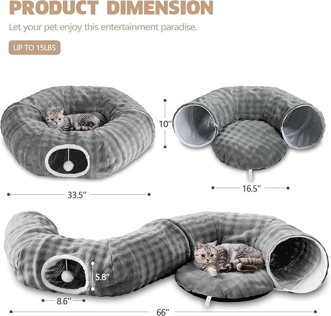 Bubble Cat Tunnel for Indoor Cats, Round Peekaboo Cave Toy with Dangling Balls, Donut Tunnel Bed with Circle Mat for Puppy Kitten Rabbit, Grey-Mewly Pet