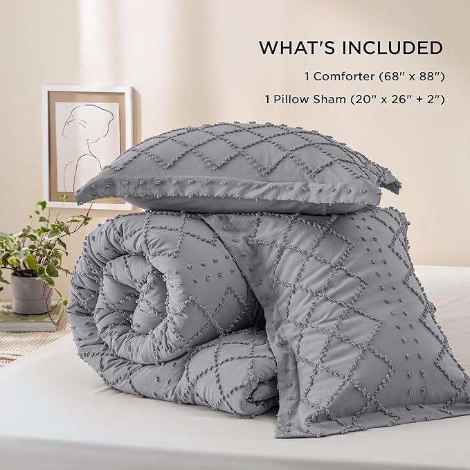 Bedsure Twin Comforter Set - Grey Comforter, Boho Tufted Shabby Chic Bedding for Kids, 2 Pieces Vintage Farmhouse Bed Set for All Seasons, Fluffy Soft Bedding with 1 Pillow Sham