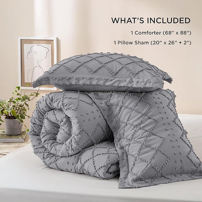 Bedsure Twin Comforter Set - Grey Comforter, Boho Tufted Shabby Chic Bedding for Kids, 2 Pieces Vintage Farmhouse Bed Set for All Seasons, Fluffy Soft Bedding with 1 Pillow Sham