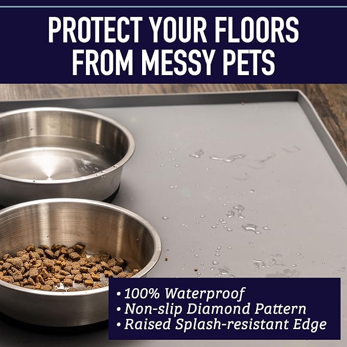 Leash Boss Dog Food Mat for Food and Water Bowls, Waterproof Silicone Pet Feeding Mat for Floors, Extra Tall Raised Edges, Cat and Dog Placemat for Floors, Dishwasher Safe (XXL: 30" x 22" - Black)-Mewly Pet