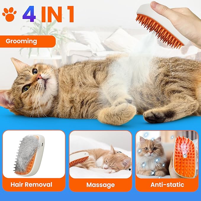Pet Steam Brush For Cat & Dog - Pets Spray Hair Removal Comb - Cats Indoor Shedding & Grooming Mist Tool - Water Steamer Brushes for Long & Short Haired Dogs - Spritz Defur Comb (Orange)-Mewly Pet