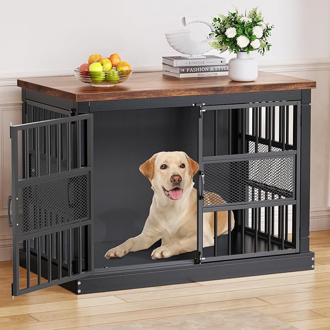 VOPEAK 40" Dog Crate Furniture, Chew Resistant Dog Crate for Dogs, Heavy Duty Dog Crates Dog Kennel Cage Indoor with Double Doors, End Table for Bedroom Living Room, Black-Mewly Pet