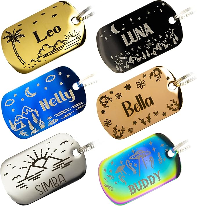 Personalized Dog Tag with 5 Lines of Custom Deep Engraved Durable Stainless Steel Pet ID Name Tag Designer Regular Size Rectangle-Mewly Pet