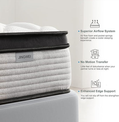 JINGWEI Queen Mattress, 10 Inch Innerspring Hybrid Mattress in a Box, Individually Pocket Coils,Queen Size Mattress