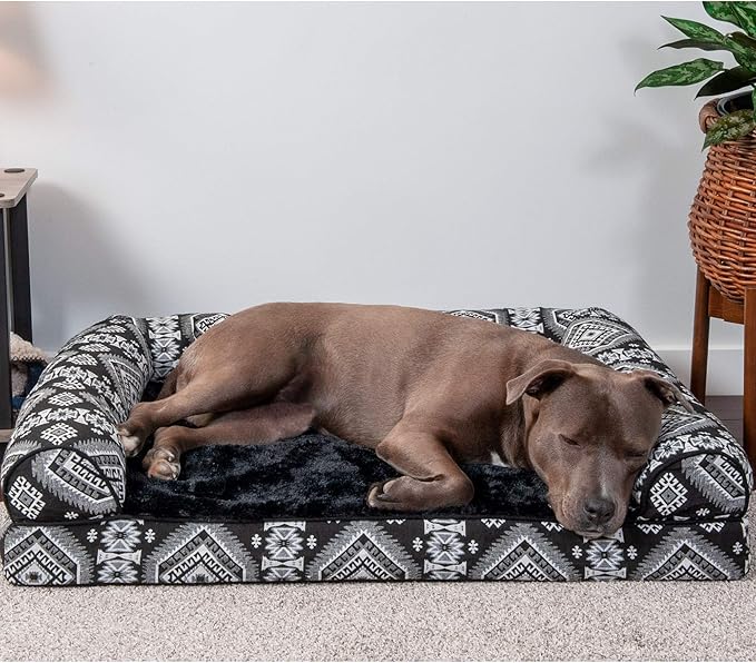 Furhaven Orthopedic Dog Bed for Large/Medium Dogs w/ Removable Bolsters & Washable Cover, For Dogs Up to 55 lbs - Plush & Southwest Kilim Woven Decor Sofa - Black Medallion, Large-Mewly Pet