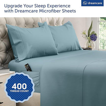 DREAMCARE Queen Sheet Set – 4 pcs Cooling Sheets – up to 21” Extra Deep Pocket Queen Sheets – Hotel Luxury – Superior Softness 100% Microfiber with Side Pocket - Mineral Blue