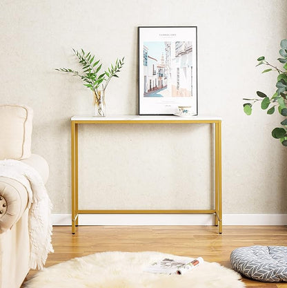 loglus Console Table for Entryway, Faux Marble MDF Sofa Table with Golden Frame (Single Layer, White Marble)
