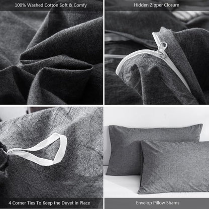 MooMee Bedding Duvet Cover Set 100% Washed Cotton Linen Like Textured Breathable Durable Soft Comfy (Heathered Dark Grey, Super King 108"x98")