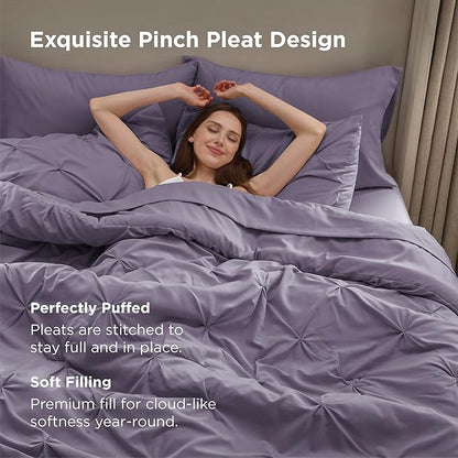 Bedsure Full Comforter Set Grayish Purple - Bed in a Bag Full Size Bedding Set 7 Pieces, GentleSoft™ Pintuck Bed Set Gift for Family, Pinch Pleat All Season Comforter with Sheets, Pillowcases & Shams