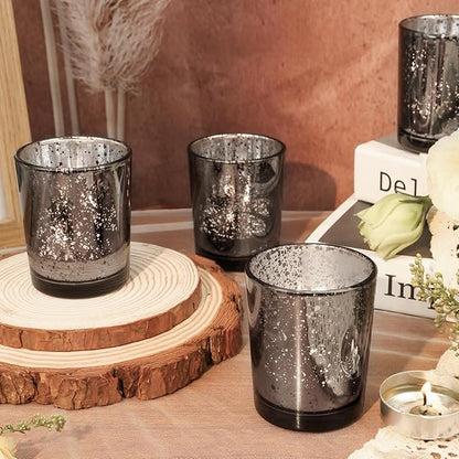 24 Pcs Black Votive Candle Holders, Speckled Mercury Black Glass Candle Holder Bulk for Wedding Centerpiece Table Decor, Tea Lights Candle Holder for Valentines Day Decor, Home Decor