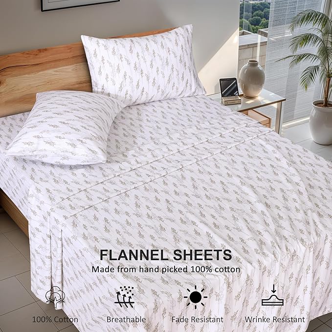 RUVANTI Flannel Sheets Twin Size - 100% Cotton Double Brushed Twin Sheets Set, Deep Pockets 16 Inches, All Seasons Breathable & Extra Soft Bed Sheets, Warm & Cozy, 3 Piece, Dried Straw