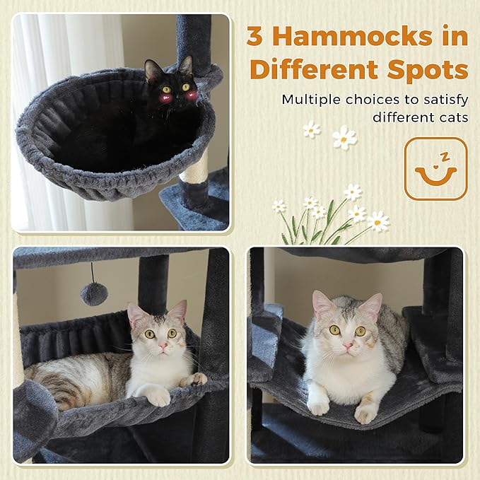 81 Inch Tall Cat Tree for Big Cats & Multi-Cat Homes, Large Heavy Duty Cat Tower with Metal Frame Hammock, 6 Scratching Posts, 2 Condos, 2 Perches, Scratching Pad - Dark Grey-Mewly Pet