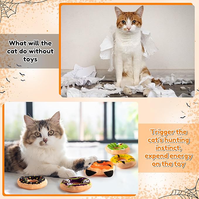 L1rabe Halloween Donut Catnip Stuffed Toys - 5 Funny Pumpkin Bat Spider Dessert Cat Toys Pet Supplies, Indoor Cats Chew Bite Teething Tools Kittens Catmint Birthday Interactive Supplies-Mewly Pet