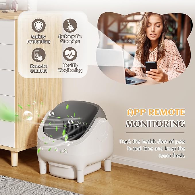 Greesum Automatic Self-Cleaning Litter Box for Cats - Open-Top Design, Easy Odor Control, Smart APP Control, 15L Large Waste Bin, Includes Trash Bags & Mat (Grey)-Mewly Pet