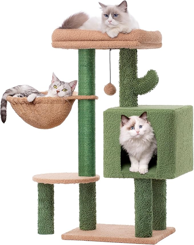 Cactus Cat Tree Small Cat Tower with 32 Inches Scratching Post with Cats Condo House, Cozy Hammock and Removable Top Bed and Dangling Ball for Indoor Cats-34” Green-Mewly Pet