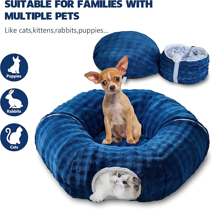 Bubble Cat Tunnel for Indoor Cats, Round Peekaboo Cave Toy with Dangling Balls, Donut Tunnel Bed with Circle Mat for Puppy Kitten Rabbit, Navy Blue-Mewly Pet