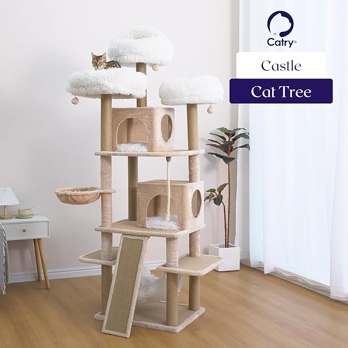 Catry 74.5" High 7-Level Extra Large Cat Tree with 2 Condos,2 Hammock,3 Washable Top Beds, Scratching Ramp Pad, Replaceable Scratching Posts, for Multi-Cat Homes (Light Brown &White)-Mewly Pet