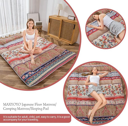 MAXYOYO Bohemian Retro Floor Mattress Vintage Floral Japanese Futon Mattress Roll Up Thicken Sleeping Bed Portable Camping Mattress Floor Lounger Couch Bed Mattress Pad, Full Size