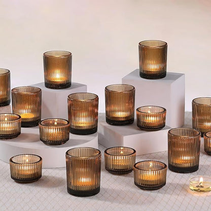 20pcs Ribbed Amber Votive Candle Holders, Assorted Glass Tea Light Candle Holders for Fall Decor, Amber Candle Holders for Wedding Centerpieces, Thankgiving and Christmas Decorations