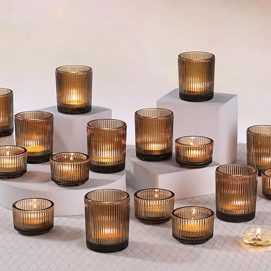 20pcs Ribbed Amber Votive Candle Holders, Assorted Glass Tea Light Candle Holders for Fall Decor, Amber Candle Holders for Wedding Centerpieces, Thankgiving and Christmas Decorations