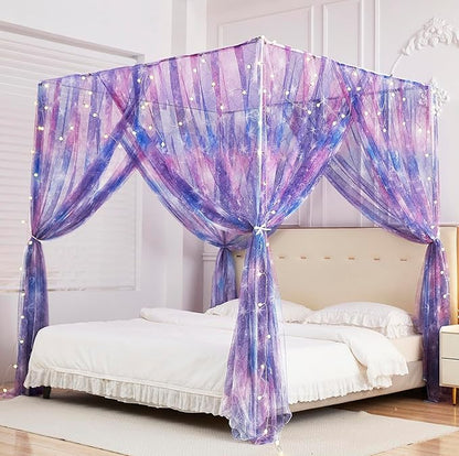 Mengersi Tie Dye Canopy Bed Curtains with Lights,Gradient Ombre Bed Canopy for Girls,Canopy for Bed Princess Bed Drapes for Girls Room Decor(King,Purple)